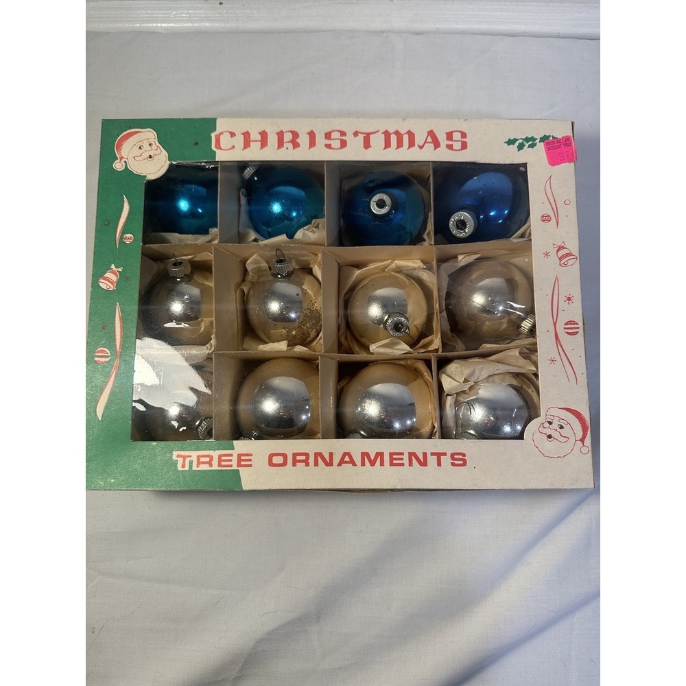 Vintage Shiny Brite & Poland Glass Christmas Ornaments Lot of 12 – Silver & Blue